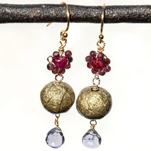 Flower Dangle Earrings with Ruby, Iolite and Handmade Gold Paper Beads