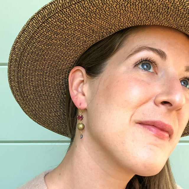 Flower Dangle Earrings with Ruby, Iolite and Handmade Gold Paper Beads