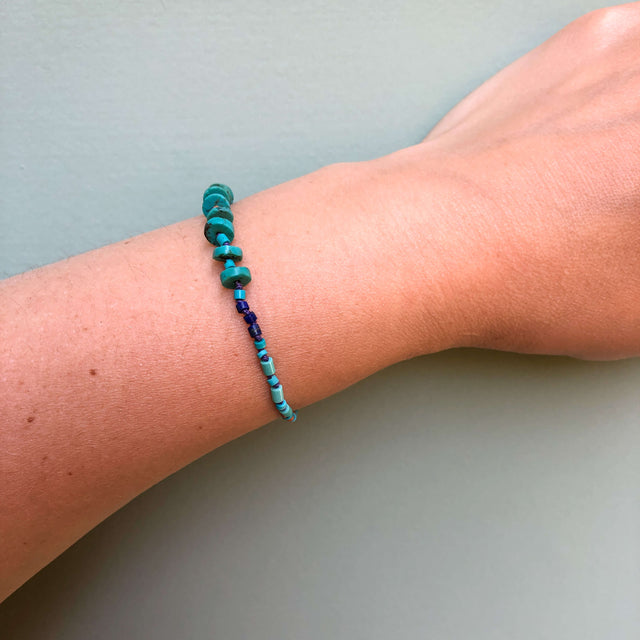 Hand Knotted Turquoise, Lapis and Glass Bead Bracelet