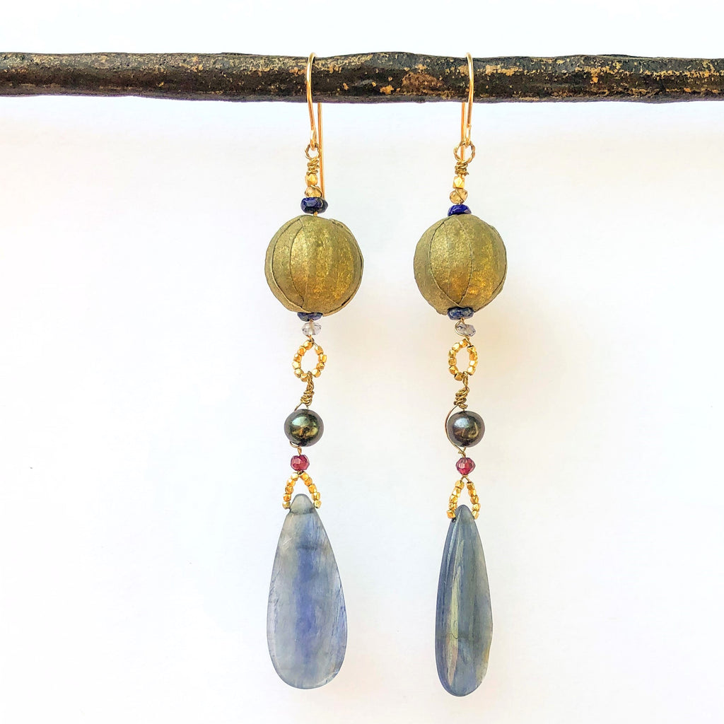 Wire Wrapped Kyanite and Paper Bead Drop Earrings