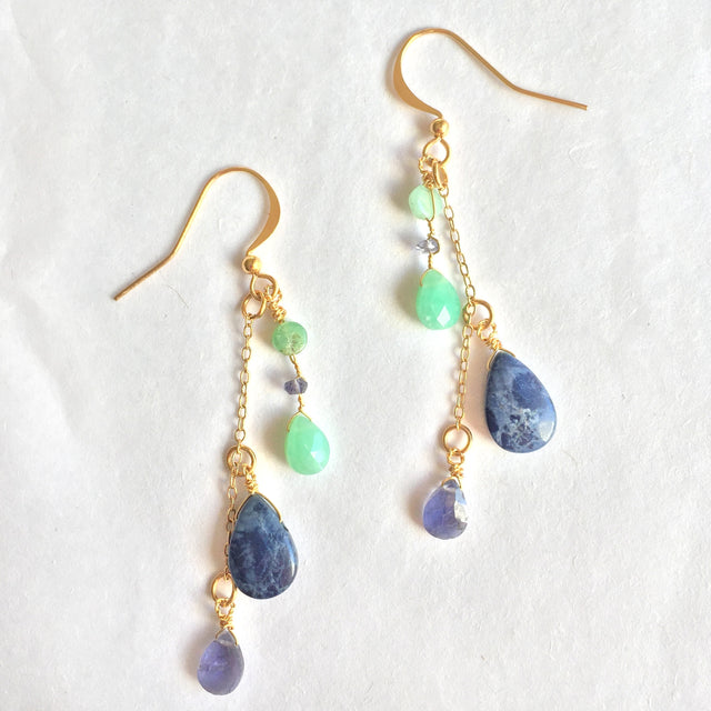 unique dangle earrings with lapis, iolite, chrsoprase and gold