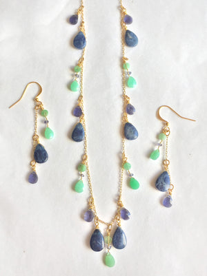semi precious stone and gold necklace and earring set with iolite, lapis and chrysoprase 