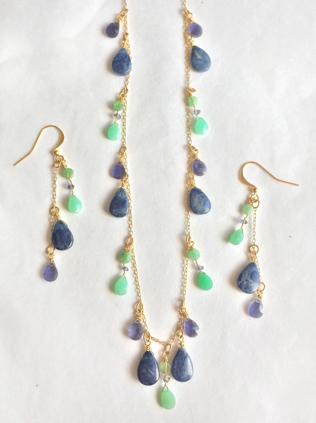 unique dangle earrings and necklace with lapis, iolite, chrsoprase and gold