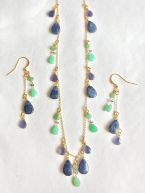unique dangle earrings and necklace with lapis, iolite, chrsoprase and gold