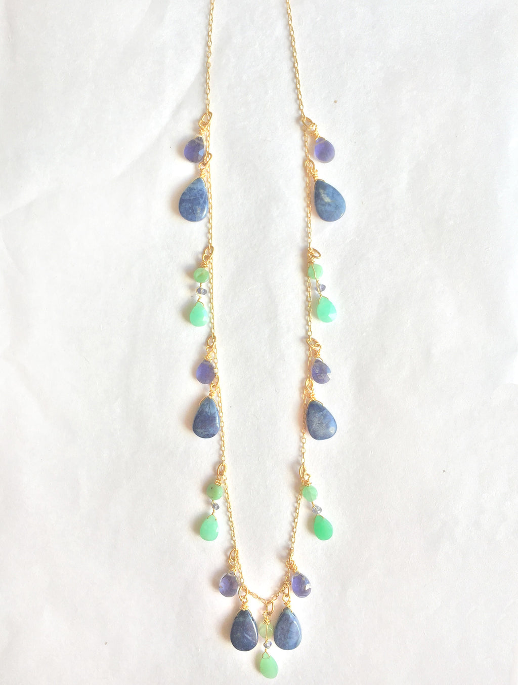 semi precious stone and gold necklace with iolite, lapis and chrysoprase 