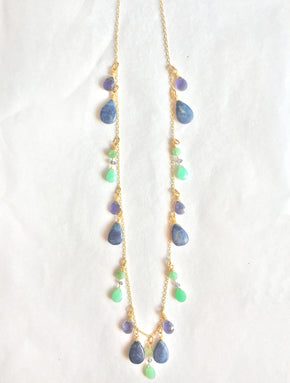 semi precious stone and gold necklace with iolite, lapis and chrysoprase 