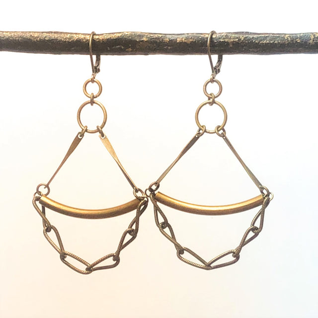 Brass Drop Earrings with Chain Dangle on white background