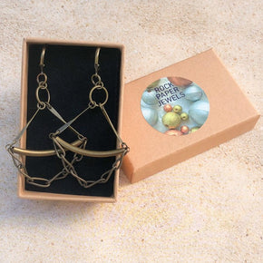 Brass Drop Earrings with Chain Dangle in rock paper jewels gift box