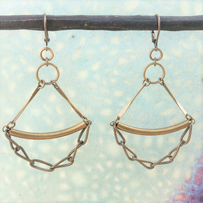 Brass Drop Earrings with Chain Dangle on colored background