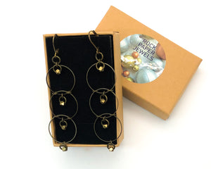Brass three tiered drop earrings in rock paper jewels gift box