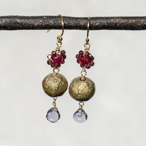 yellow gold plated wire wrapped earrings with ruby, garnet, iolite and handmade paper beads 