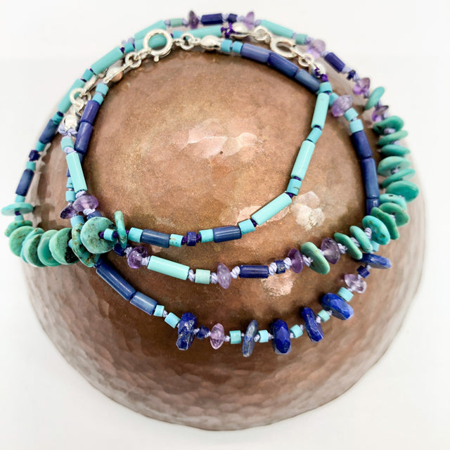 Hand Knotted Turquoise, Lapis and Amethyst Bead Bracelet