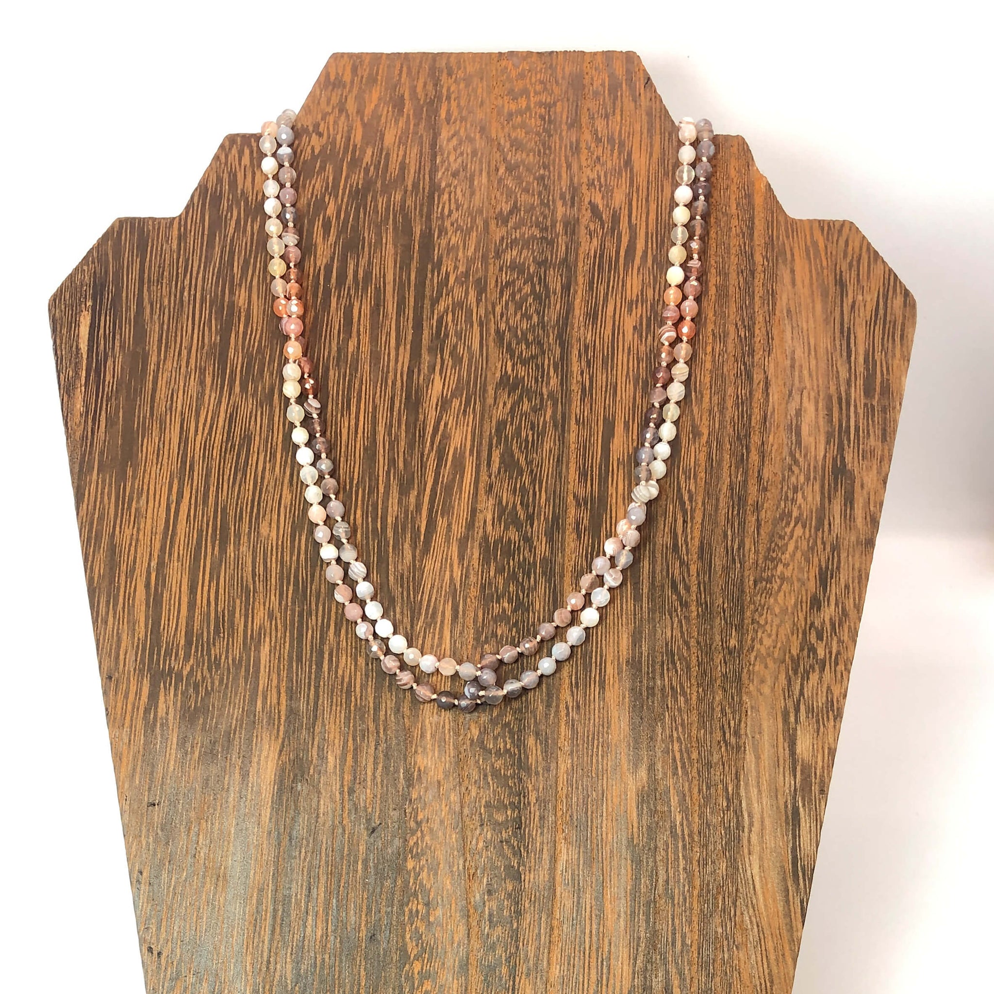 knotted two strand ombre agate beaded necklace shown on necklace display