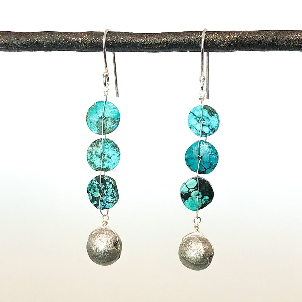 Silver Wire Wrapped Paper Bead and Turquoise Dangle Earrings