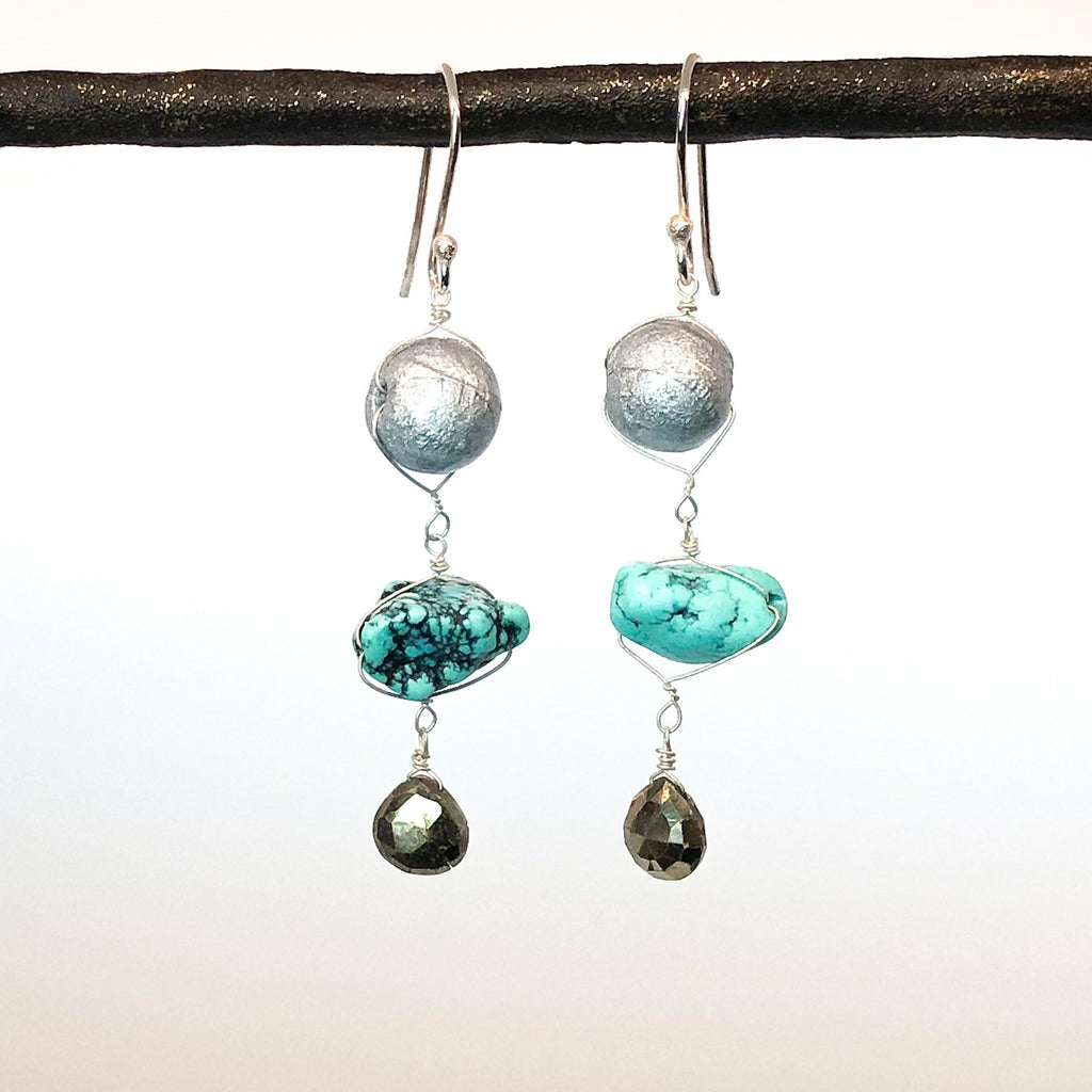 Paper Bead Earrings with Turquoise and Hematite, Mixed Media Earrings