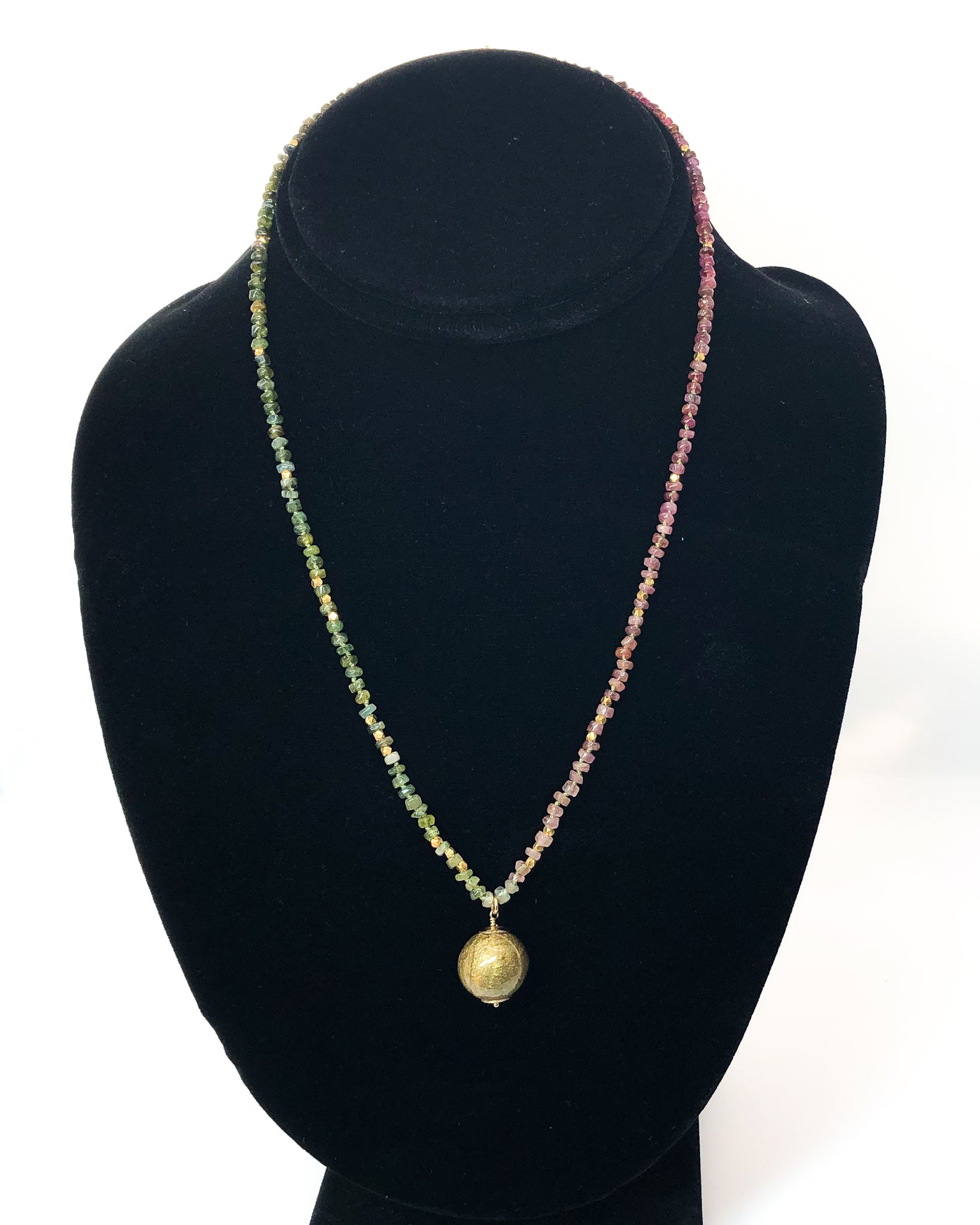 Knotted Green and Pink Tourmaline Necklace with Handmade Paper Bead Pendant