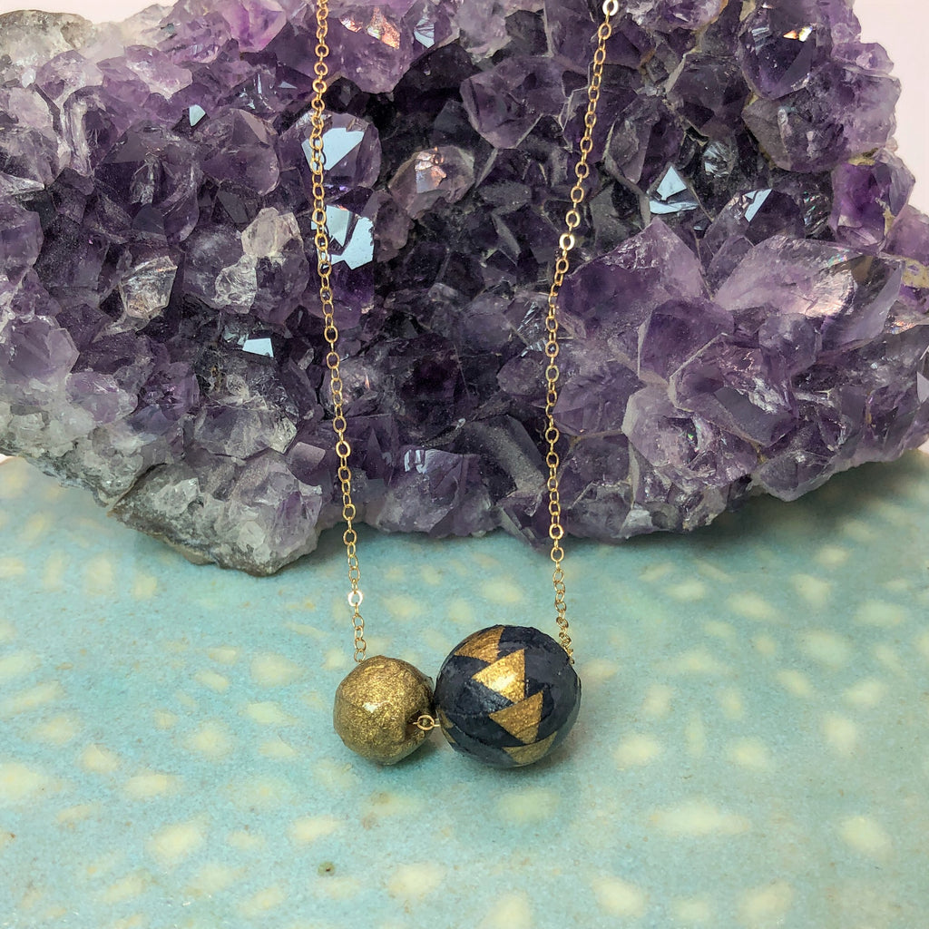 Stackable Pendant Necklace with Two Small Navy and Gold Handmade Paper Charms on Chain